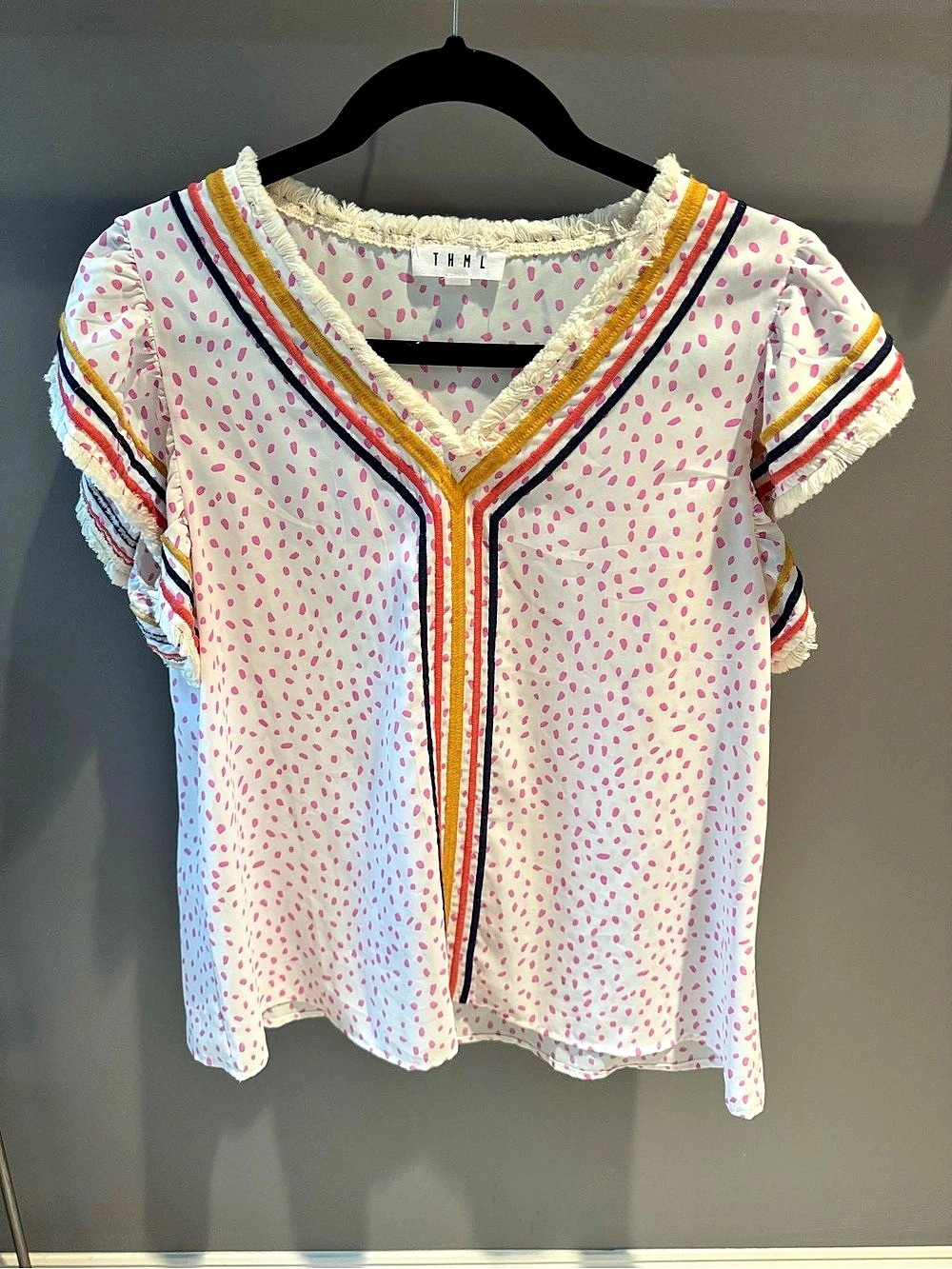 THML Pink Dot Embroidered Fringe Ruffle Sleeve Blouse L